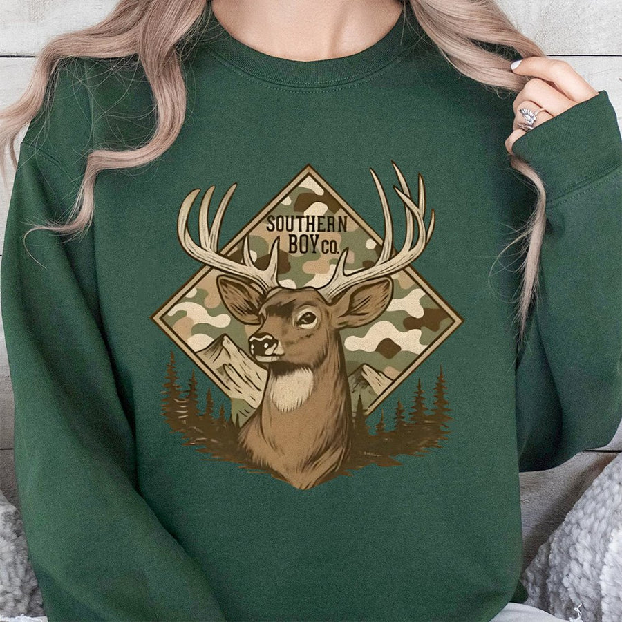 Camo Buck Deer Sweatshirt | Mountain Forest Nature Print | Premium Cotton Blend Crewneck | Outdoor Hunter Wildlife Gift for Him
