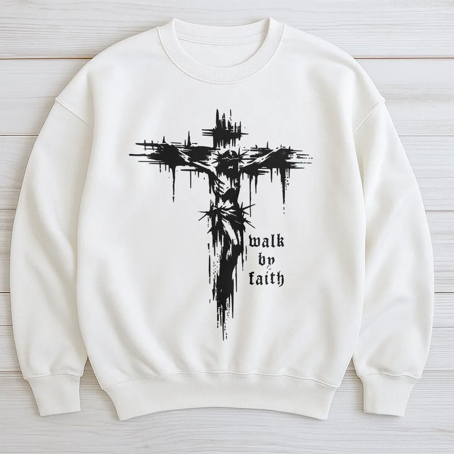 Christian Cross Sweatshirt | Walk by Faith Grunge Graphic Sweatshirt | Premium Cotton-Blend | Religious Gift for Men and Women