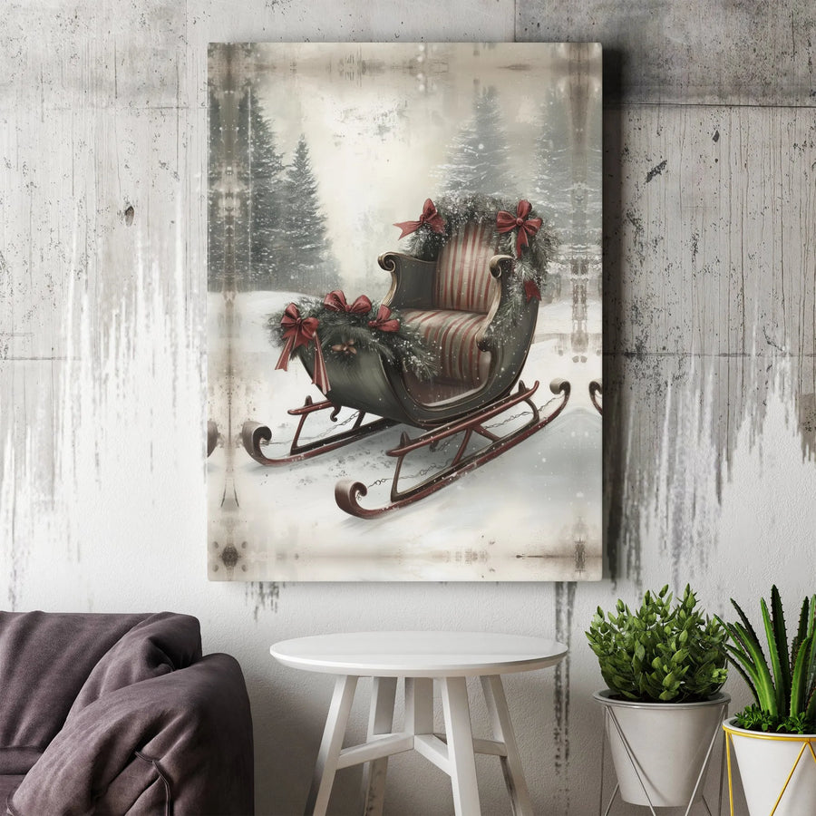 Vintage Christmas Sleigh Canvas Print | Snowy Winter Forest Scene With Red Bows | Premium Gallery Wrapped Decor | Festive Holiday Wall Art Gift