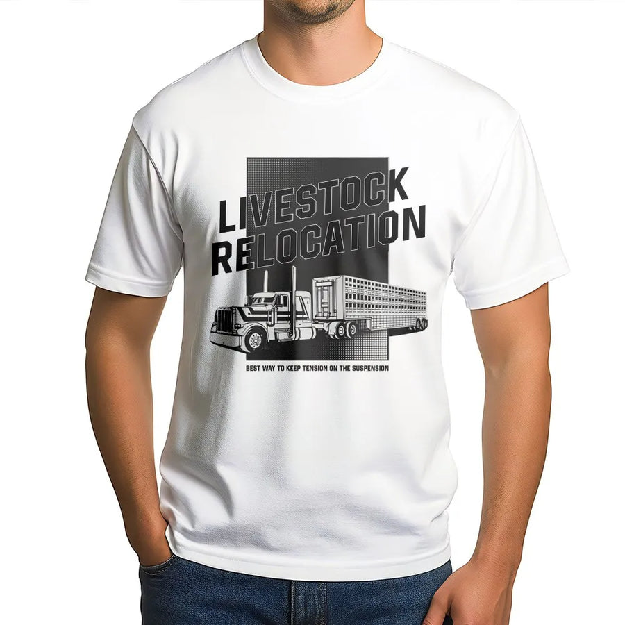 Livestock Relocation T-Shirt | Cattle Hauler Semi Truck Graphic | 100% Cotton Premium Apparel | Gift for Truck Drivers and Ranchers