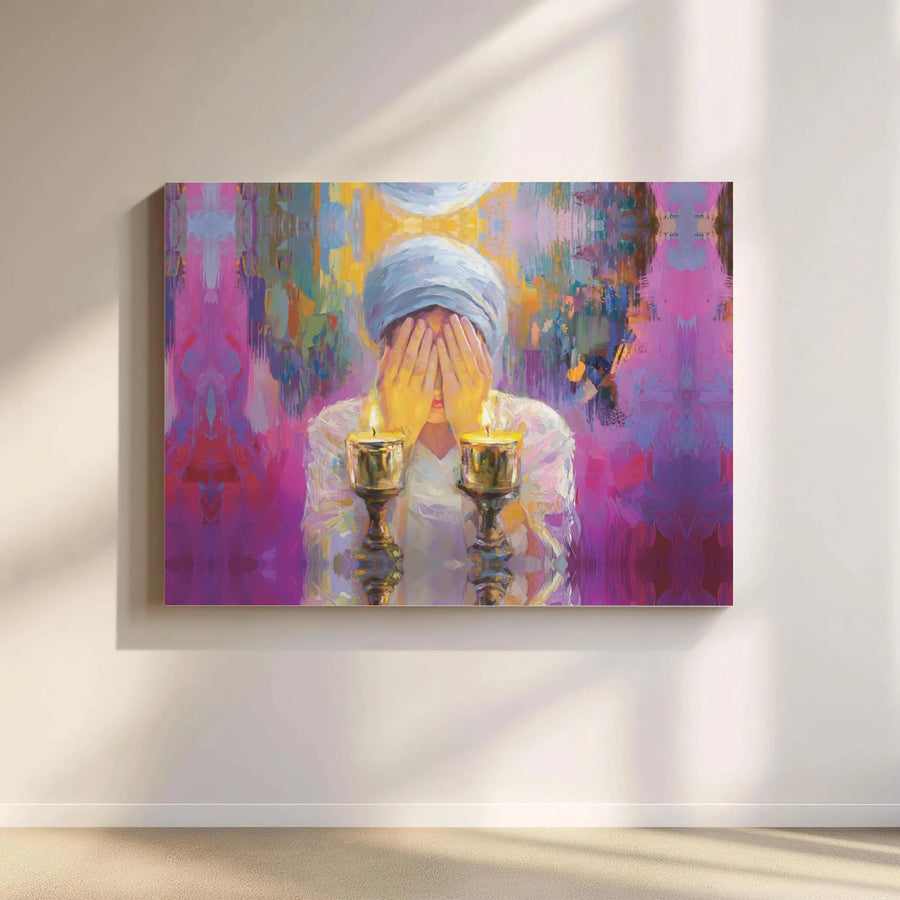 Jewish Woman Lighting Shabbat Candles Canvas | Abstract Oil Style Wall Art | Premium Gallery Wrapped Print | Judaica Home Decor Gift