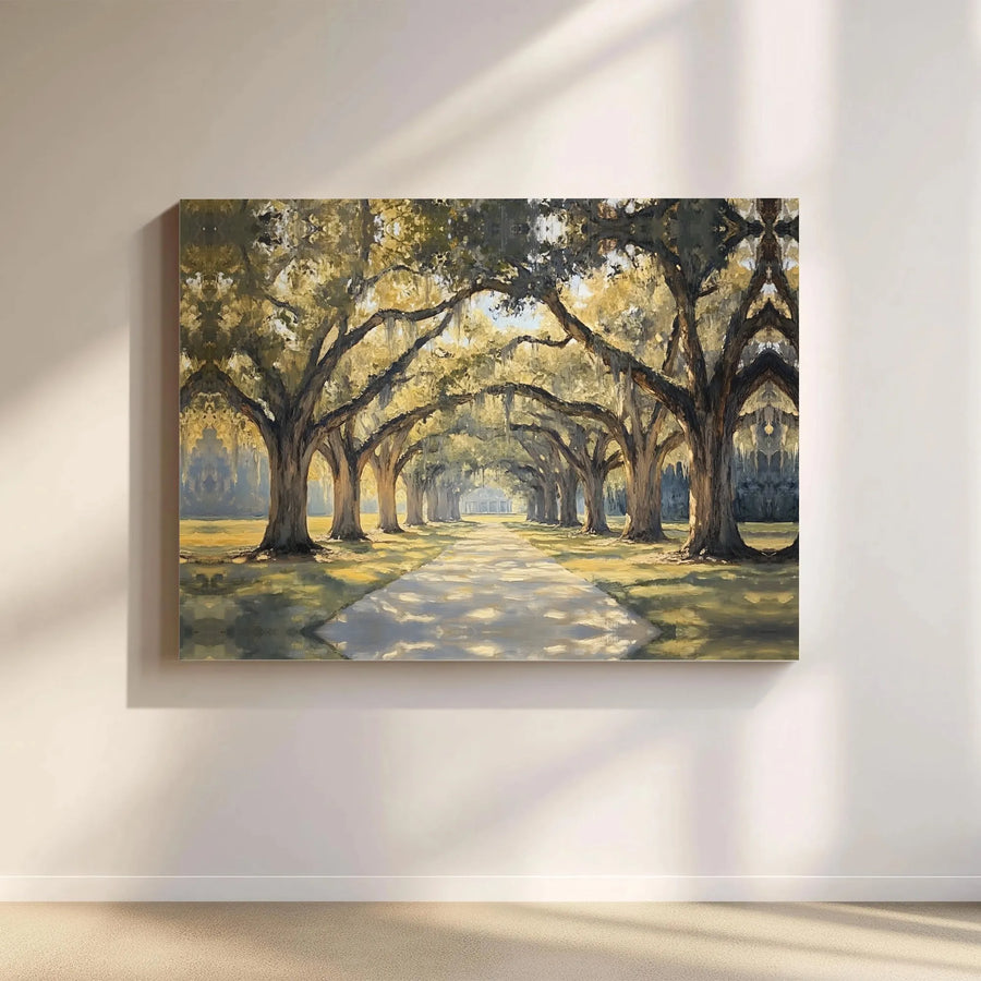 Southern Avenue of Oaks Canvas Wall Art | Moody Spanish Moss Landscape | Premium Gallery Wrap Print | Nature Home Decor Gift