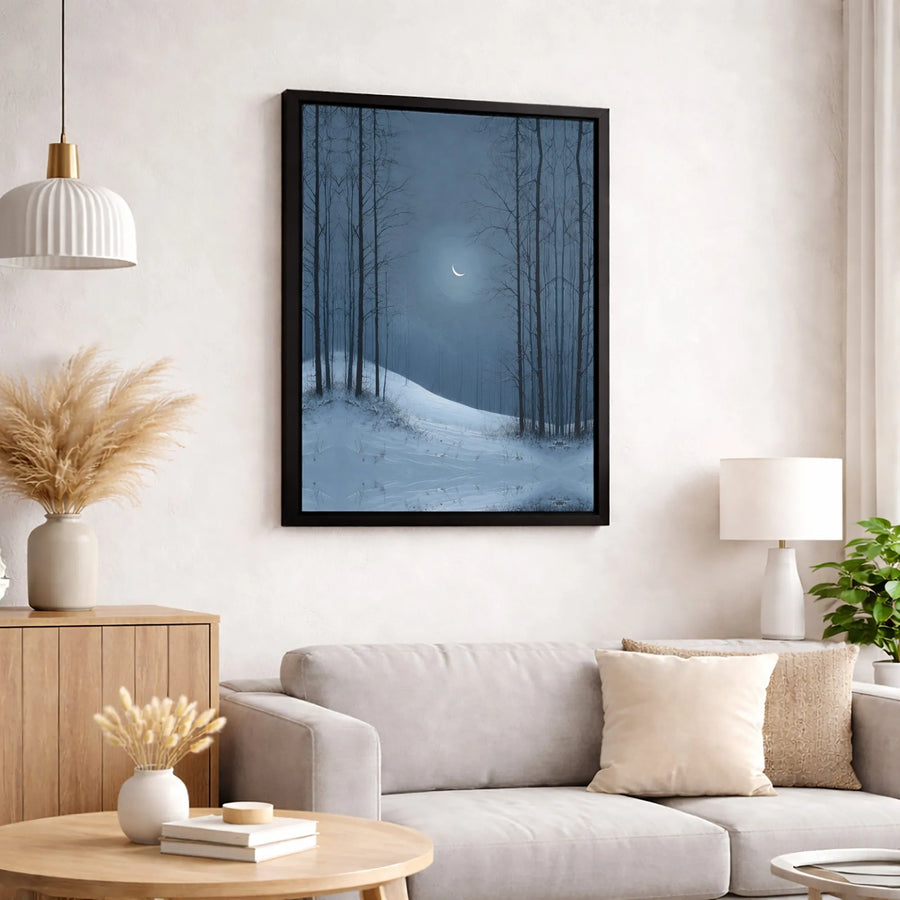 Winter Forest Canvas Wall Art | Snowy Night Landscape with Crescent Moon | Premium Gallery-Wrapped Print | Minimalist Seasonal Home Decor Gift