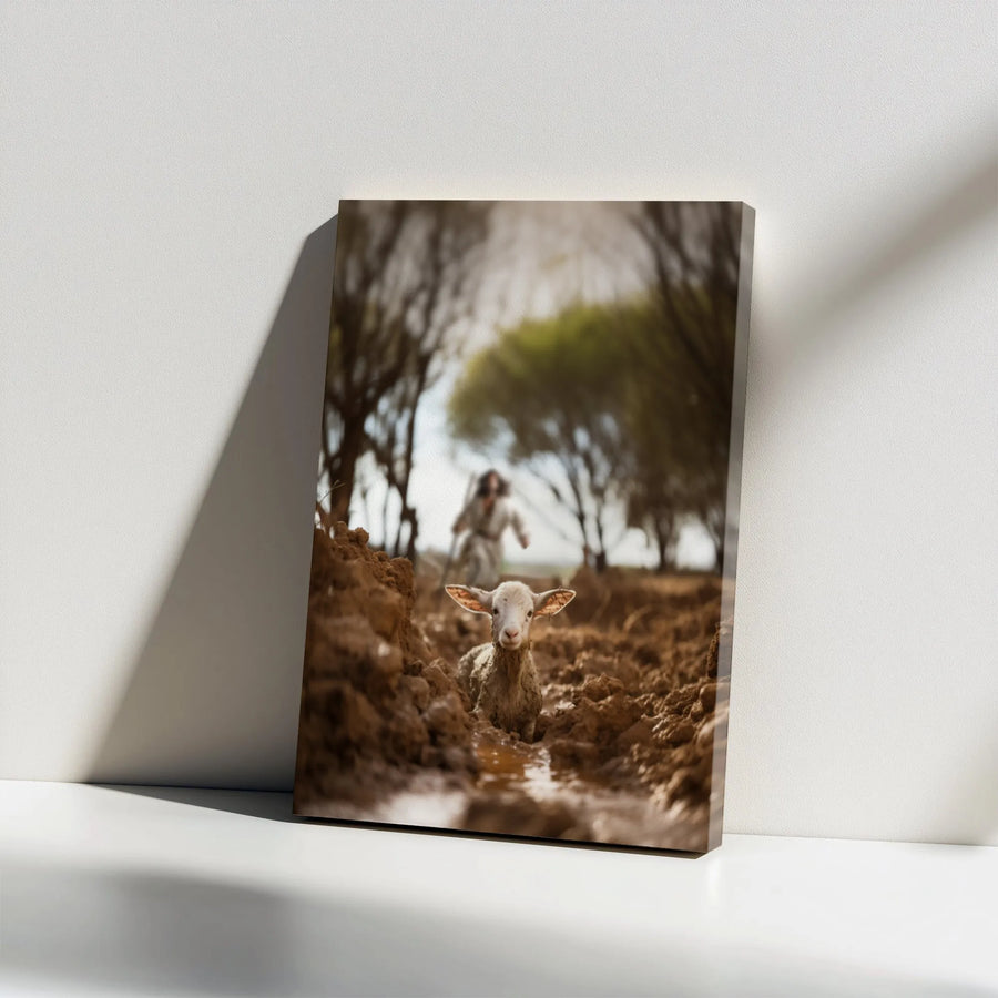 Jesus The Good Shepherd Wall Art | Lost Lamb Rescued from Mud Portrait | Premium Gallery Wrap Canvas | Christian Home Decor Gift for Believers