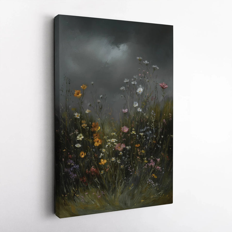 Moody Wildflower Meadow Canvas Art | Stormy Sky Botanical Oil Painting | 1.25-Inch Premium Gallery Profile | Dark Floral Wall Decor for Home
