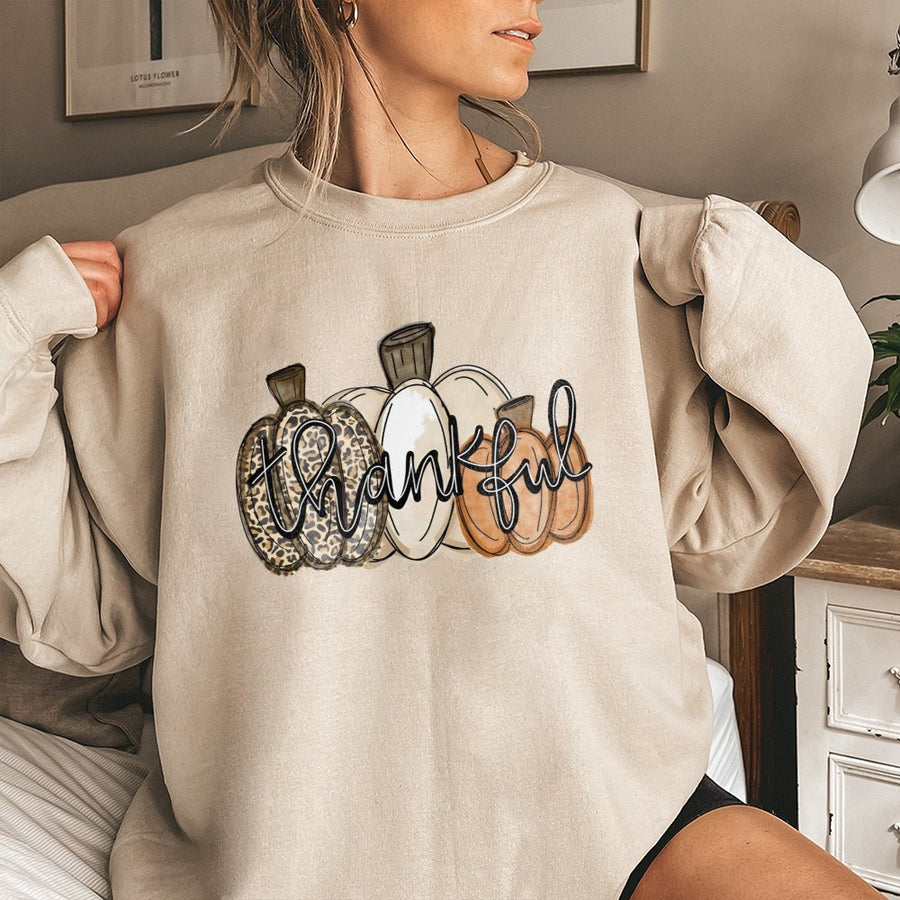Thankful Pumpkin Sweatshirt | Leopard Print Fall Aesthetic | Cotton Blend Premium Crewneck | Thanksgiving Graphic Gift for Women