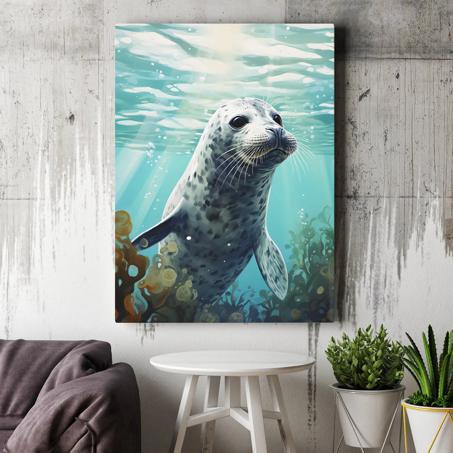 Spotted Seal Wall Art | Cute Underwater Marine Life Painting | Gallery-Wrapped Premium Canvas | Ocean Nursery or Coastal Home Decor
