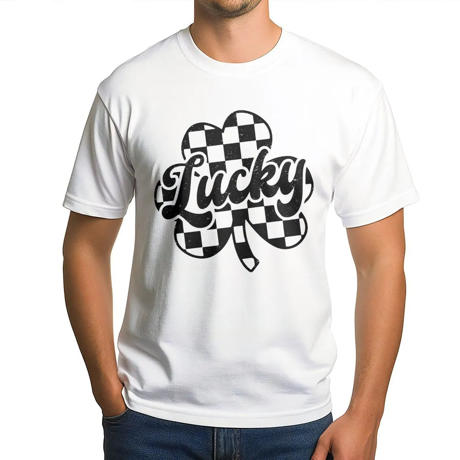 Lucky St Patrick's Day T-Shirt | Checkered Shamrock Graphic Print | 100% Premium Cotton | Unisex Irish Holiday Gift Tee
