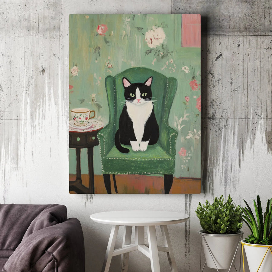 Tuxedo Cat Wall Art | Whimsical Floral Garden Painting | Premium Gallery-Wrapped Canvas | Cute Animal Lover Home Decor Gift