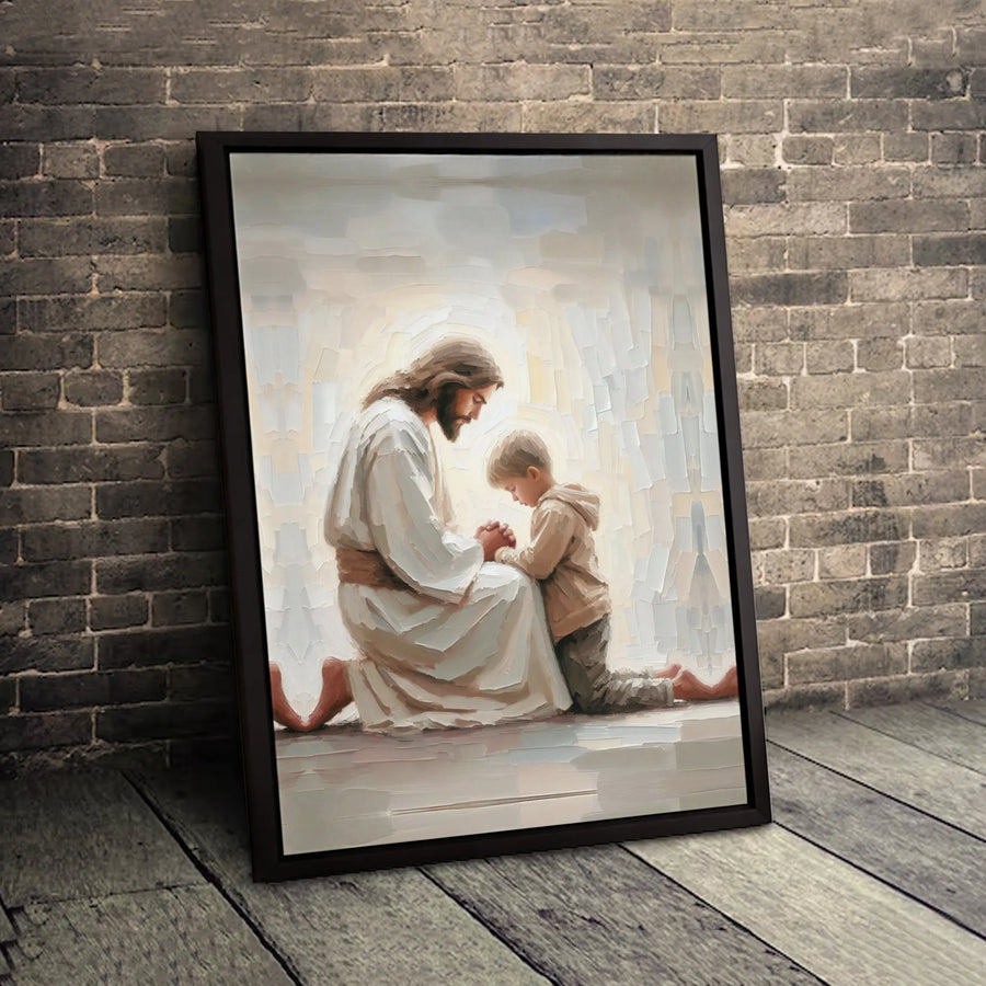 Jesus and Praying Boy Canvas Print | Impressionist Religious Wall Art | 1.25 Inch Gallery Wrap | Christian Home Decor Gift for Nursery or Church