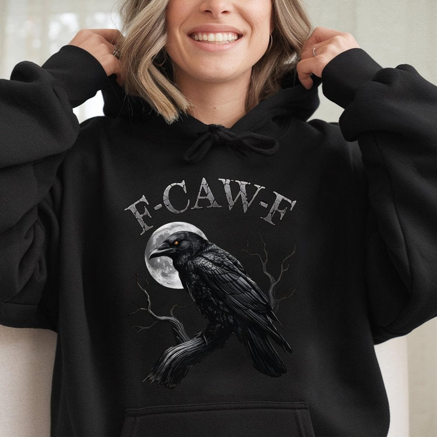 Gothic Raven Hoodie | F-Caw-F Crow Graphic Design | Premium Cotton Blend Unisex Sweatshirt | Dark Academia Witchy Gift For Bird Lovers