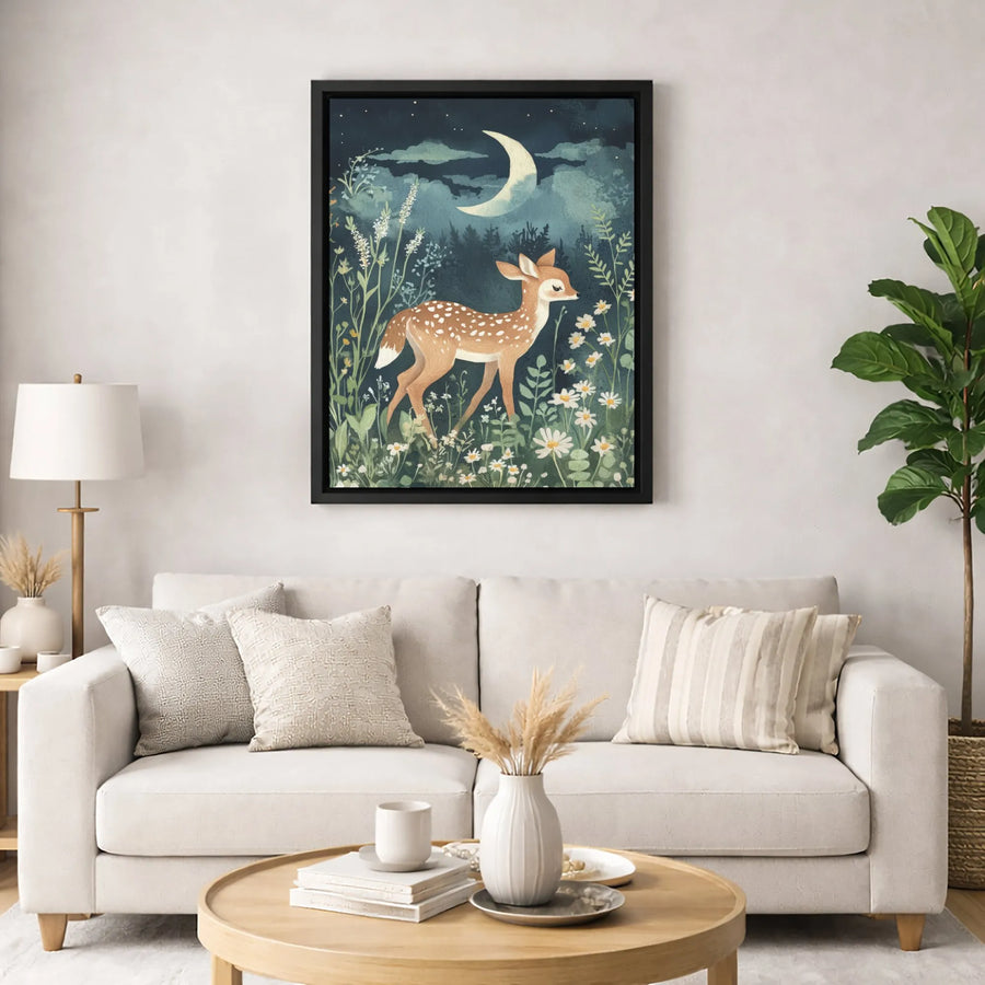 Baby Fawn Wall Art | Whimsical Night Forest Canvas Print | Gallery-Quality Decor | Nursery and Woodland Home Decor Gift