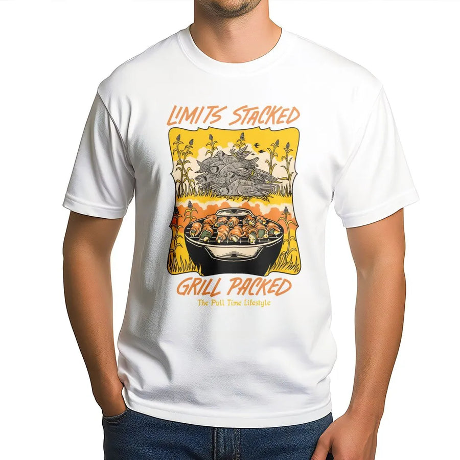Dove Hunting T-Shirt | Limits Stacked Grill Packed Graphic | Premium Soft Cotton Tee | Outdoor Sports Gift For Hunters