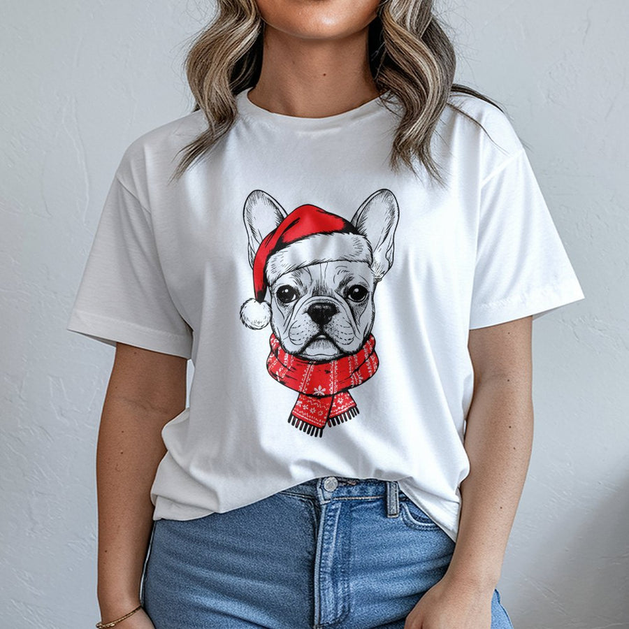 French Bulldog Christmas T-Shirt | Cute Santa Hat Frenchie Graphic Tee | Premium 100% Cotton Holiday Apparel | Dog Lover Gift For Men And Women