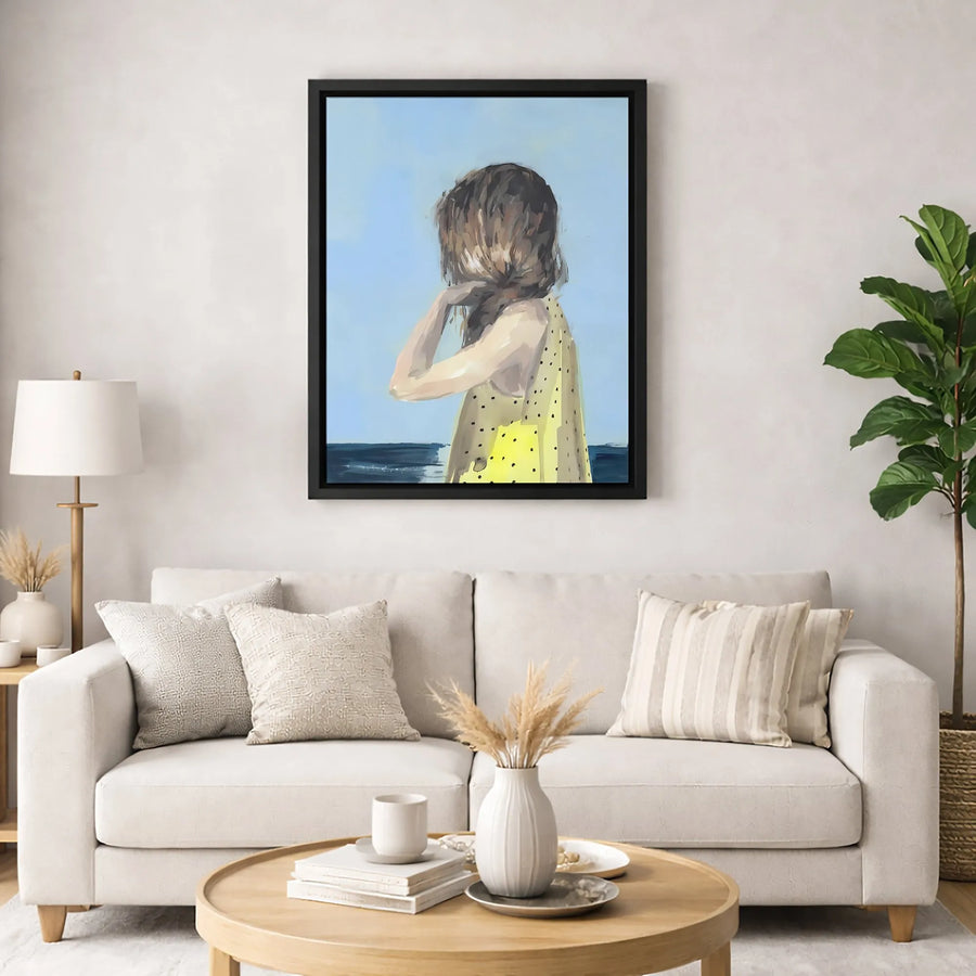 Girl at Beach Canvas Wall Art | Impressionist Yellow Dress Print | Gallery-Quality 1.25 inch Stretched Canvas | Serene Coastal Home Decor Gift