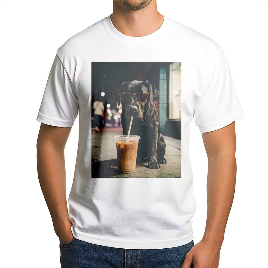 Cool Dog with Sunglasses T-Shirt | Funny Labrador Drinking Iced Coffee | Premium Soft Cotton | Unisex Gift for Dog Lovers & Coffee Addicts