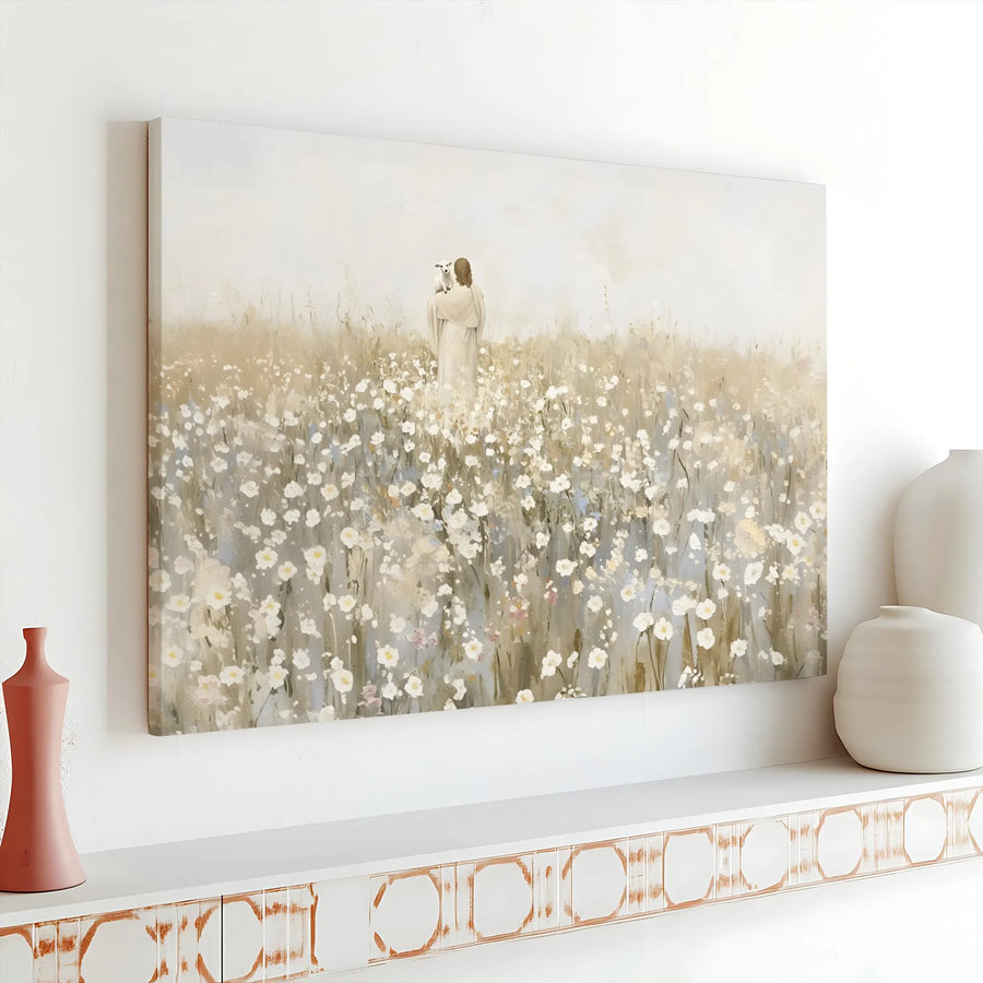 Jesus The Good Shepherd Canvas Art | Peaceful Floral Meadow Religious Wall Decor | Premium 1.25-Inch Gallery Wrap | Spiritual Christian Home Gift