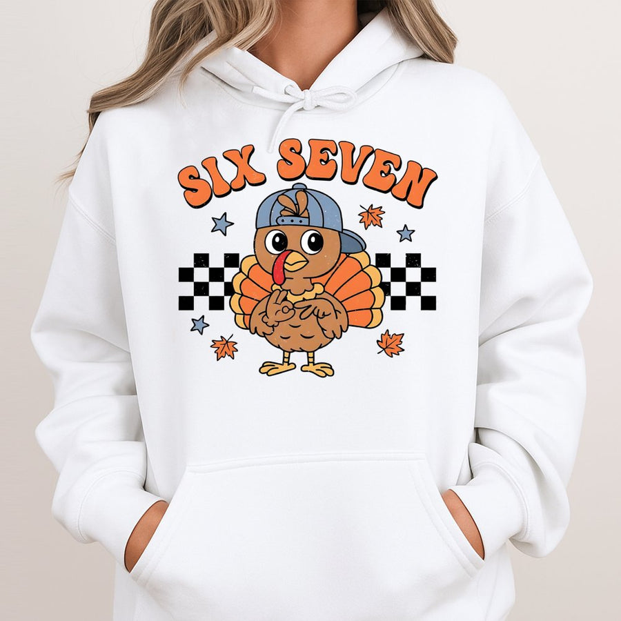 Six Seven Turkey Hoodie | Retro Thanksgiving Apparel | Soft Cotton Blend | Funny Fall Graphic Sweatshirt Gift for Kids & Teens