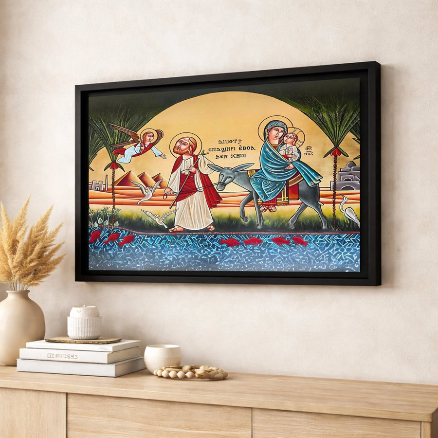 Coptic Icon Holy Family Wall Art | Flight To Egypt Orthodox Religious Painting | Premium Gallery Wrap Canvas | Christian Home Decor Gift
