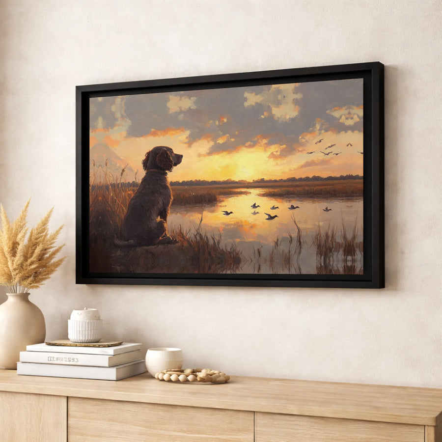 Hunting Dog Canvas Wall Art | Golden Sunset Marsh Landscape | Premium Gallery-Wrapped Print | Country Lodge Decor for Hunters