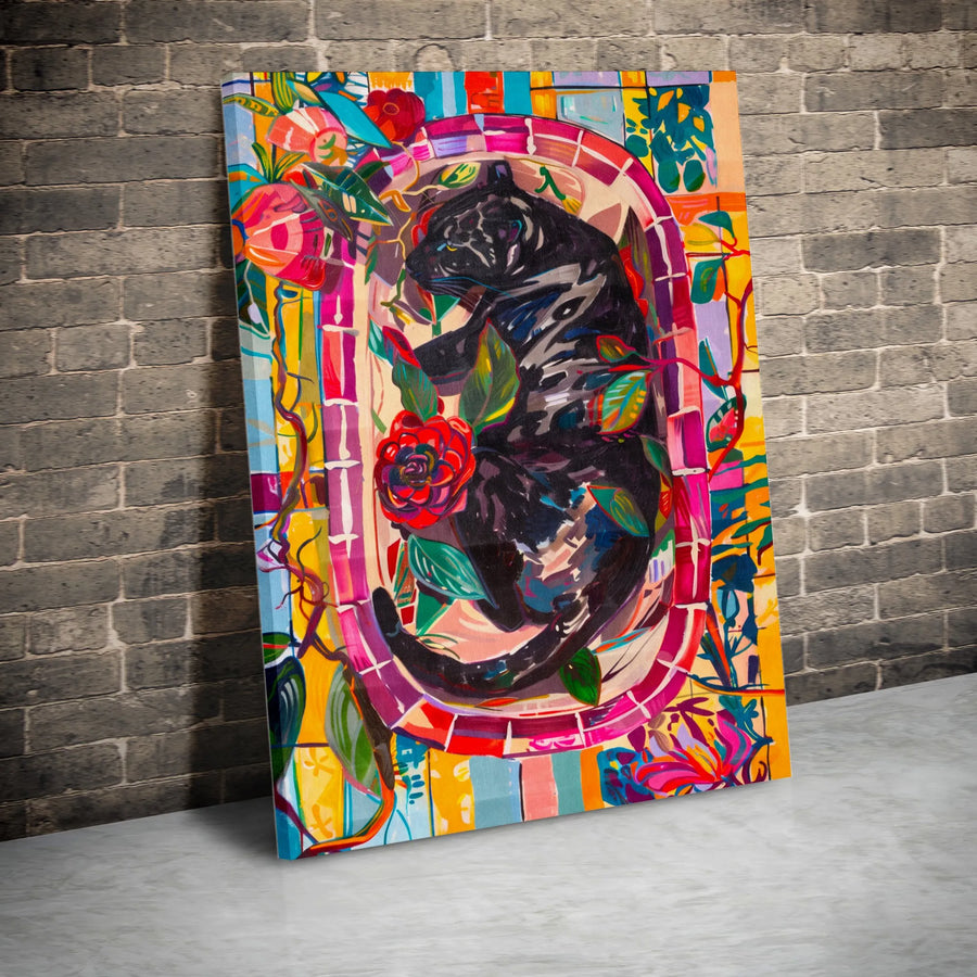Black Panther Floral Canvas Wall Art | Colorful Botanical Wildlife Print | 1.25-Inch Gallery Wrap | Modern Animal Decor Gift