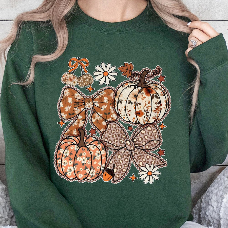 Floral Pumpkin Sweatshirt | Coquette Aesthetic Fall Bow Design | Premium Cotton Blend | Cute Autumn Thanksgiving Gift for Her