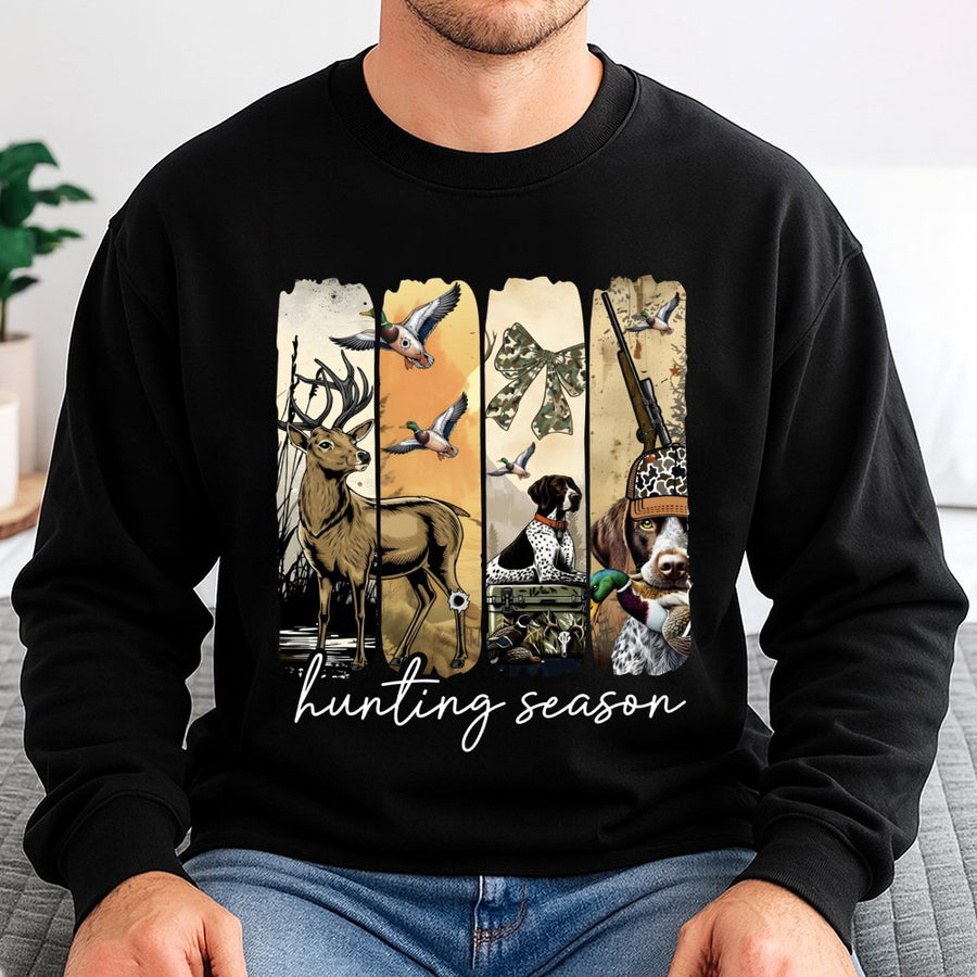 Hunting Season Sweatshirt | Deer Duck Hunter Graphic with Camo Coquette Bow | Premium Cotton Blend | Gift for Outdoorsmen and Women