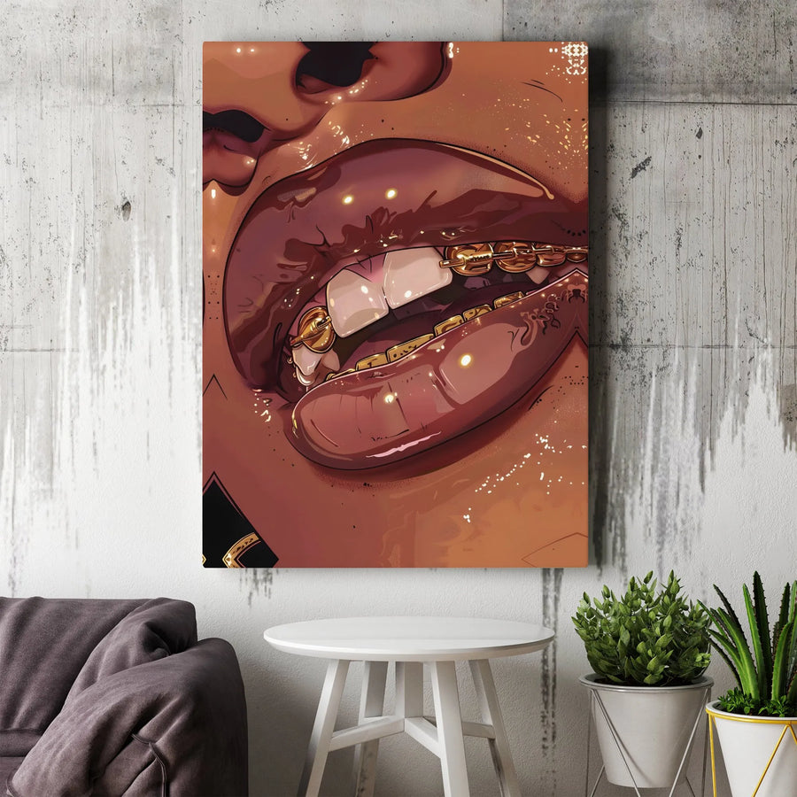 Black Woman Art Canvas Print | Gold Grillz Lips Illustration | Premium Modern Wall Art | Urban & Hip Hop Home Decor Collector's Gift
