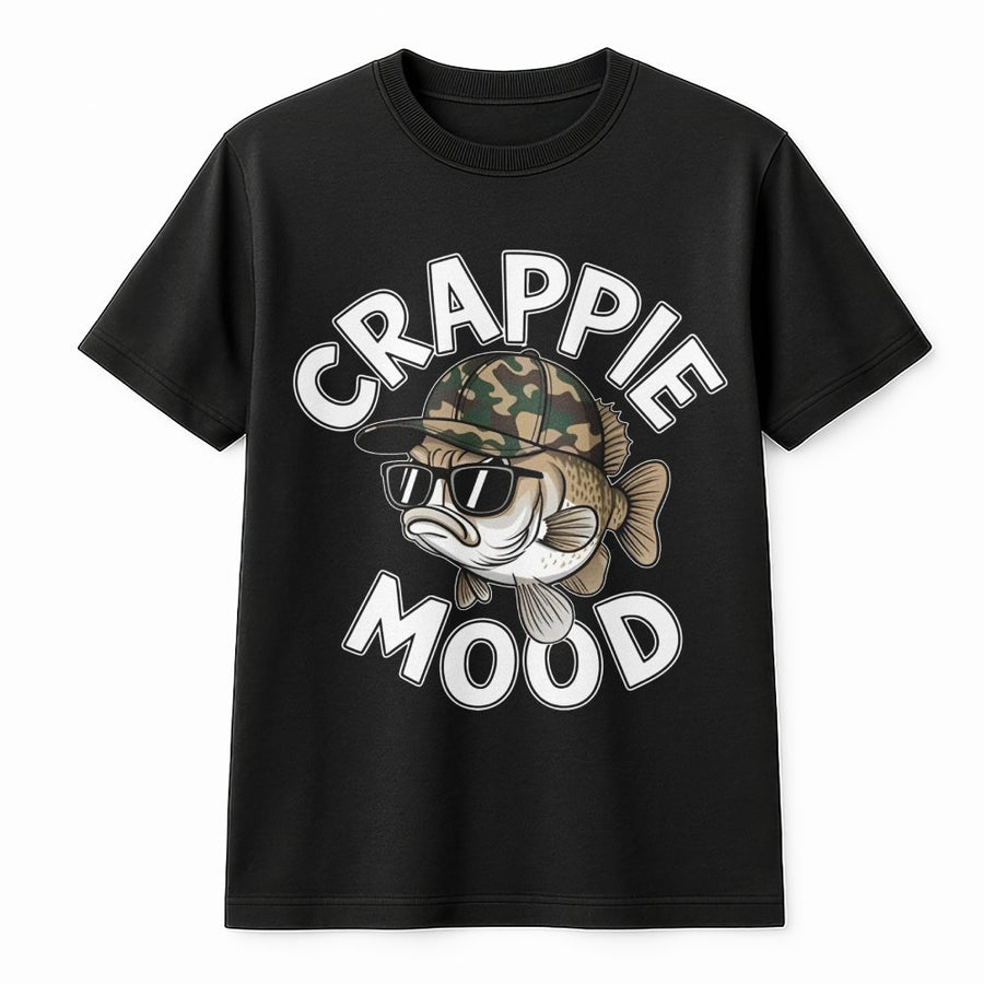 Crappie Mood Fishing T-Shirt | Funny Fish Graphic With Camo Hat | Premium Soft Cotton Tee | Funny Fisherman Gift For Him Or Her