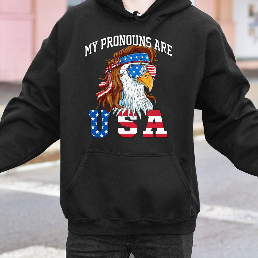 My Pronouns Are USA Eagle Hoodie | Patriotic Mullet Bald Eagle Graphic | Soft Cotton-Poly Blend | Funny 4th of July Gift for Americans