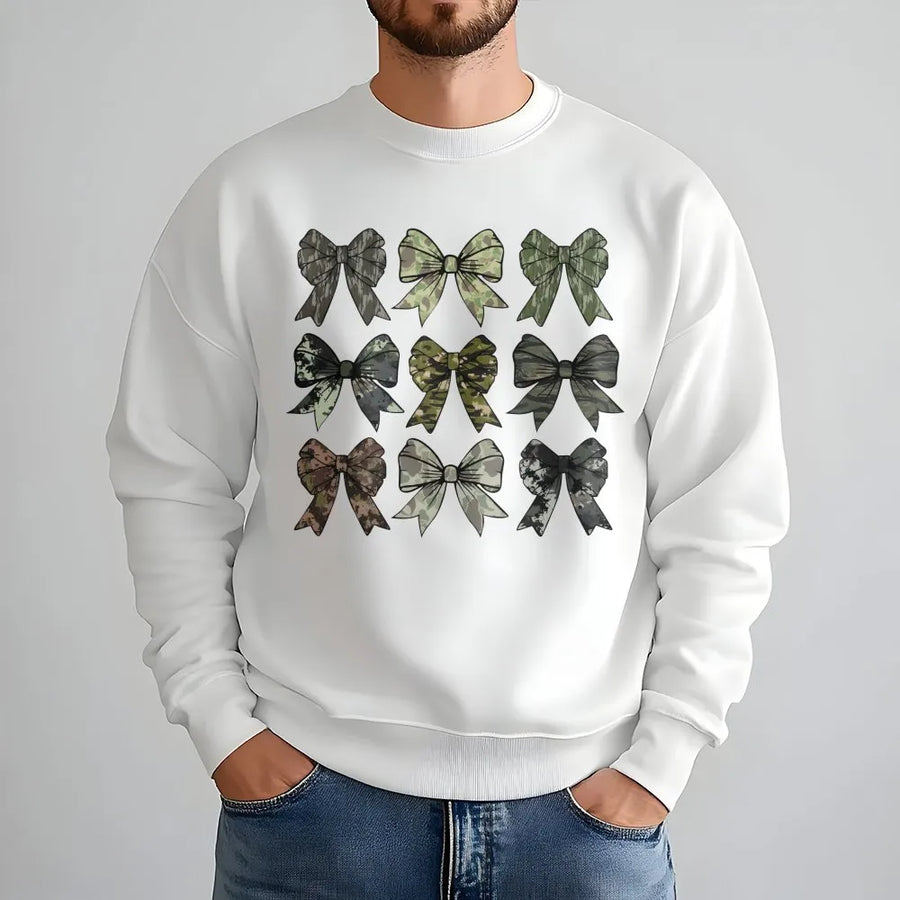 Camo Bow Sweatshirt | Aesthetic Camouflage Ribbon Graphic | Premium Cotton Blend | Country Girl Hunting Gift for Her
