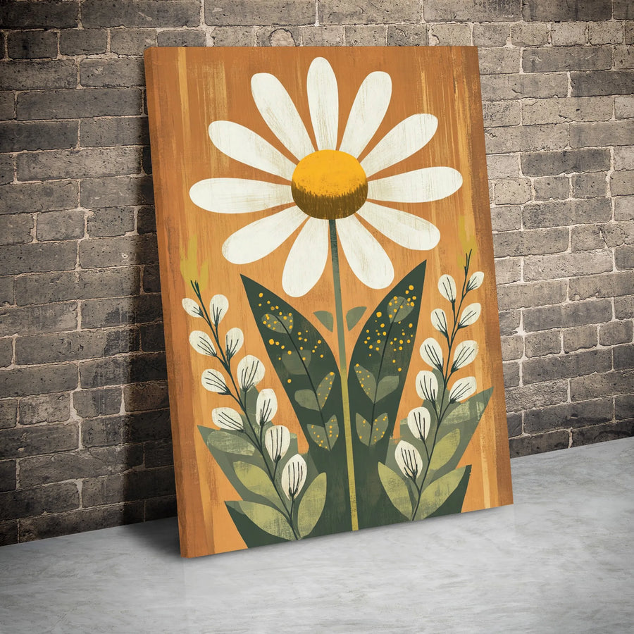 Daisy Flower Wall Art | Mid-Century Modern Folk Botanical Print | Premium Gallery Wrapped Canvas | Minimalist Nature Home Decor Gift