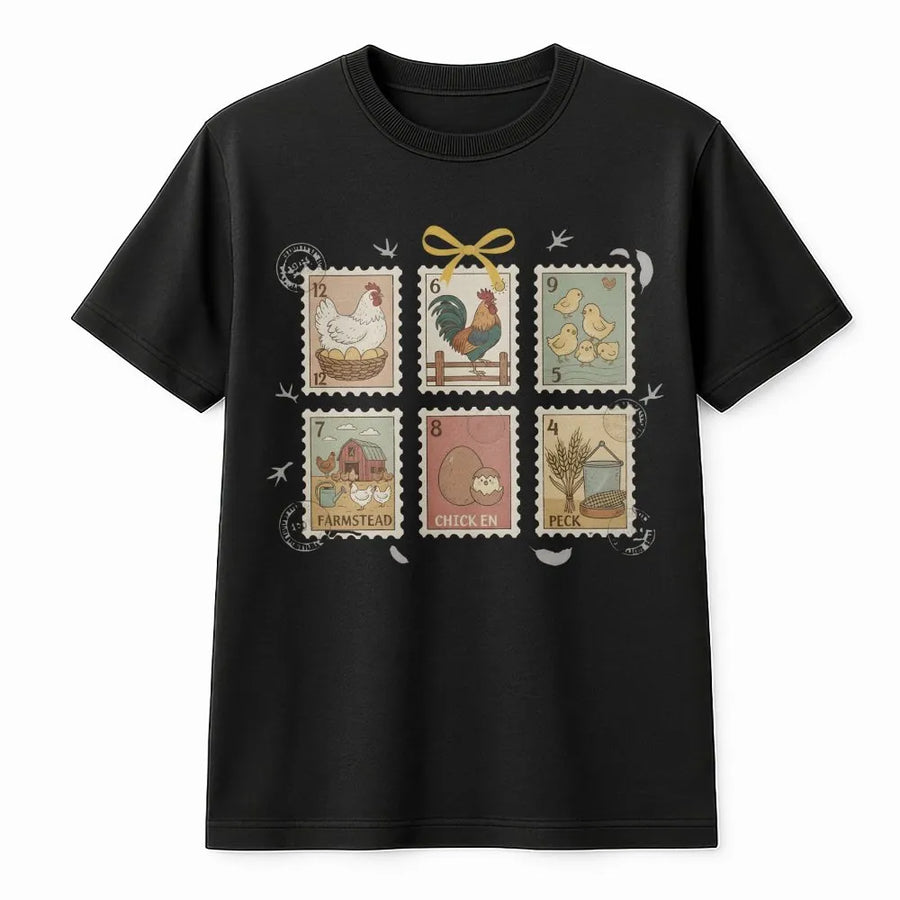 Chicken Stamp T-Shirt | Vintage Postage Farmstead Design | 100% Cotton Premium Tee | Unique Gift for Chicken Farmer & Homestead Enthusiasts