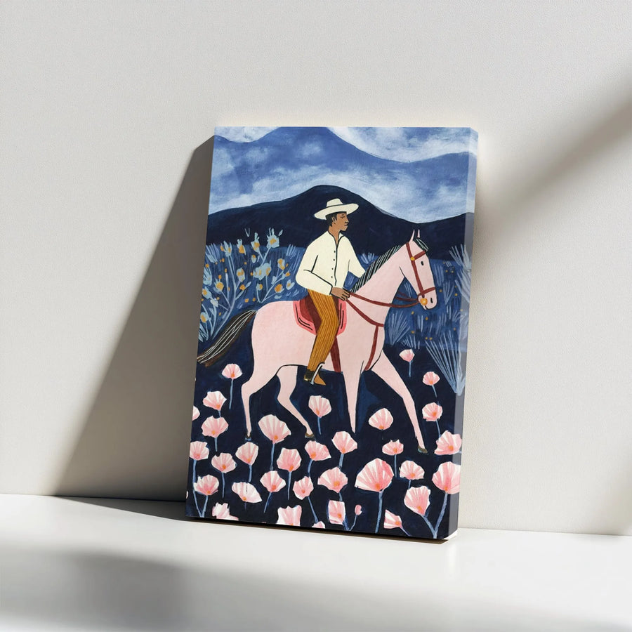 Southwestern Cowboy Canvas Art | Pink Horse Equestrian Print | Gallery Wrapped Premium Decor | Whimsical Western Wall Art for Modern Home