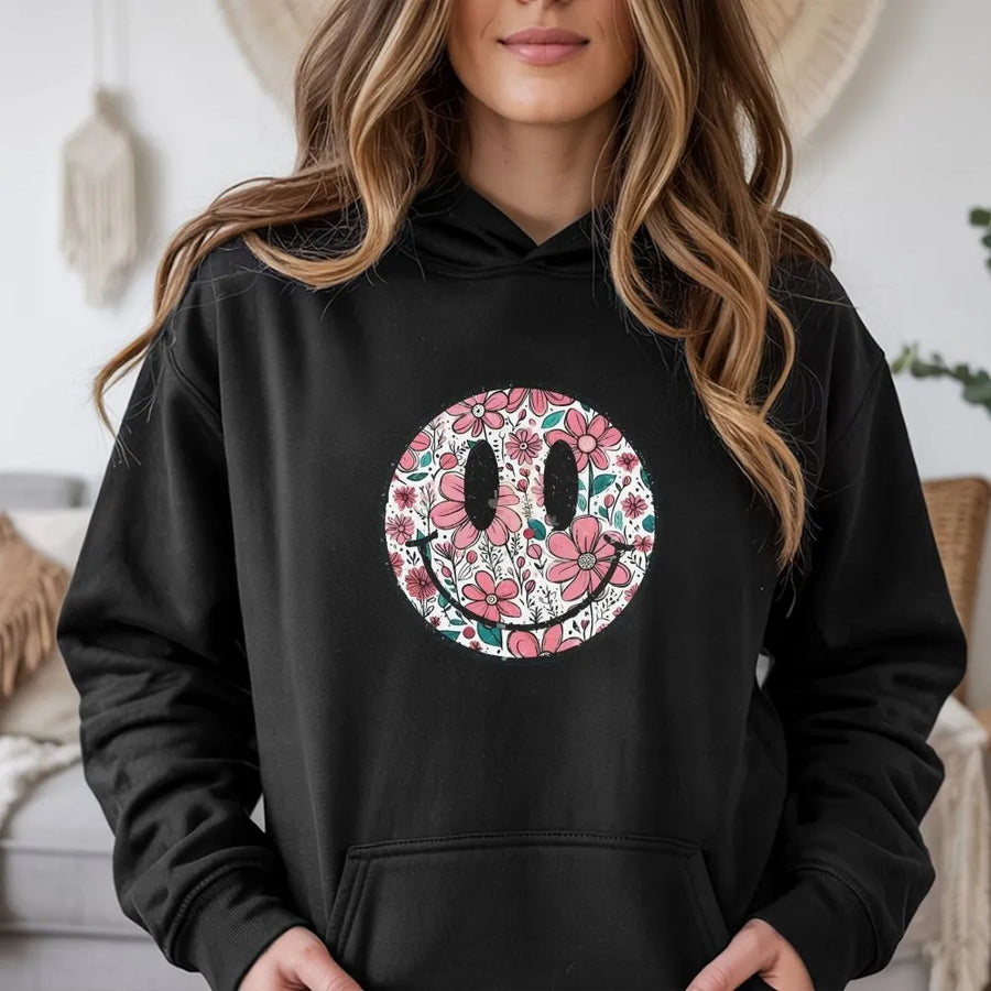 Floral Smiley Face Hoodie | Cute Retro Daisy Graphic Crewneck | Soft Cotton Blend | Mother's Day Gift for Mom