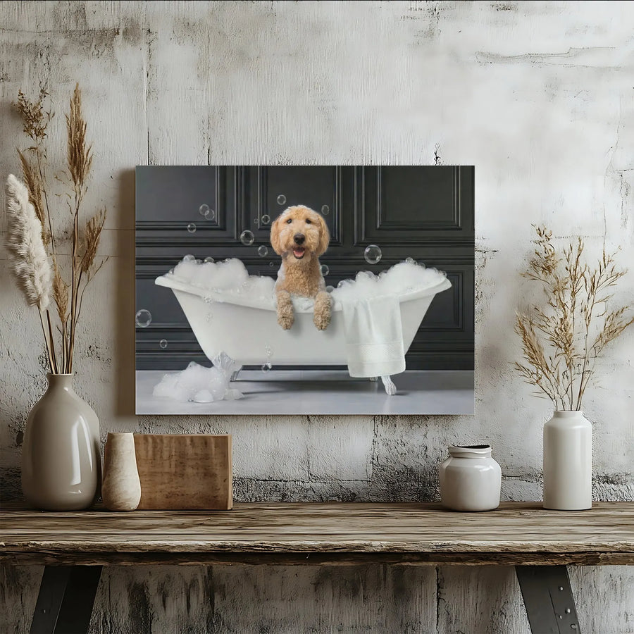 Goldendoodle Canvas Wall Art | Funny Dog in Bathtub Print | Premium Gallery Canvas | Unique Bathroom Decor Gift for Dog Lover
