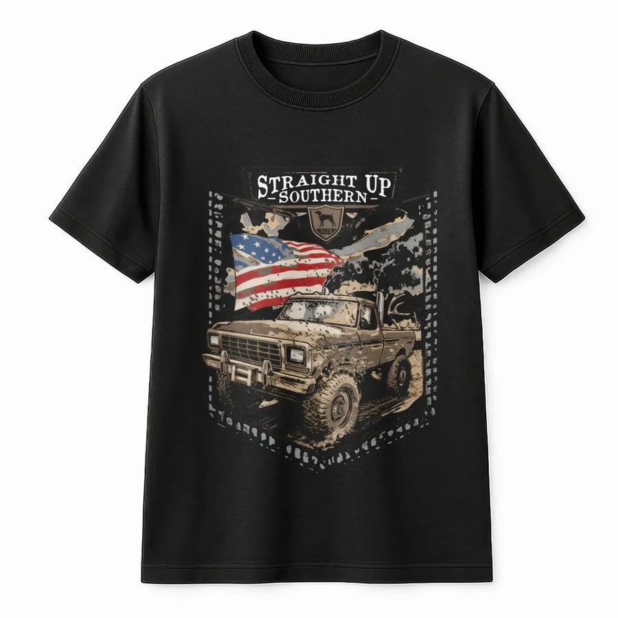 Southern Truck T-Shirt | Distressed American Flag Graphic | Premium Cotton-Blend Sweatshirt | Gift for Southern Patriots & Off-Roading Fans
