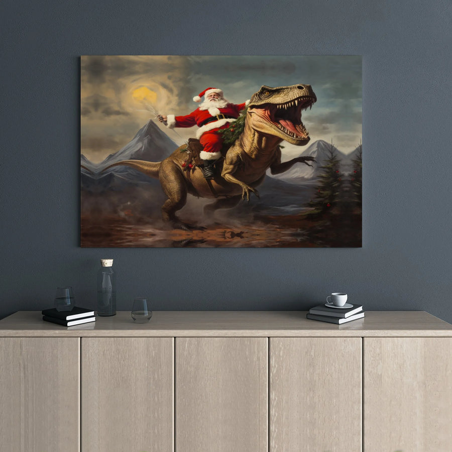 Santa Riding T-Rex Canvas Print | Funny Dinosaur Christmas Wall Art | Gallery Wrapped Premium Decor | Unique Holiday Gift for Dino Lovers