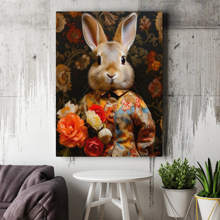 Rabbit Portrait Canvas Wall Art | Anthropomorphic Bunny in Floral Shirt | Premium Gallery Wrapped Print | Whimsical Woodland Home Decor Gift
