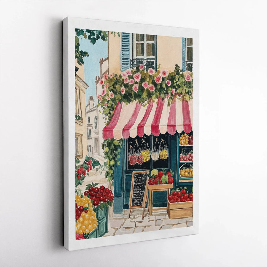 Parisian Fruit Stand Canvas Art | Watercolor Street Market Scene | Premium Gallery Wrap Print | French Country Kitchen Home Decor