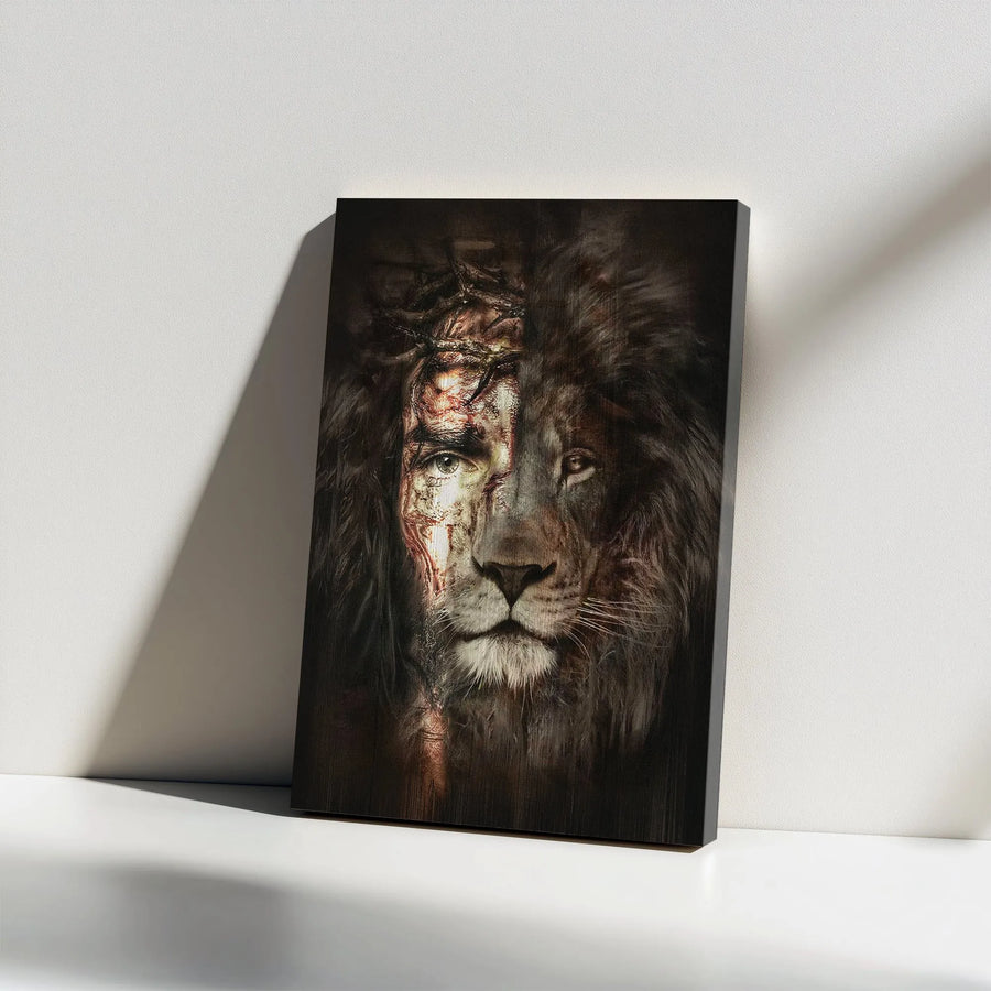 Jesus and Lion of Judah Canvas Art | Dual Face Crown of Thorns Portrait | Premium Gallery Wrap Wall Decor | Christian Religious Home Gift