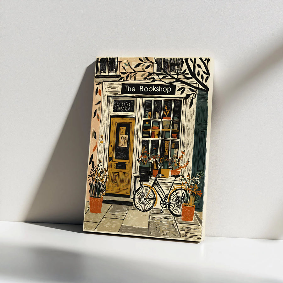 Bookshop Canvas Wall Art | Linocut Style Bookstore Illustration | Premium Gallery Print | Collector's Literary Gift for Readers