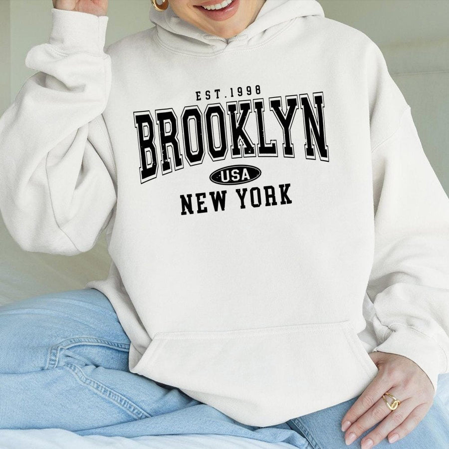 Brooklyn New York Hoodie | Vintage Aesthetic Varsity Lettering | Cotton-Polyester Blend | Unisex City Souvenir Gift