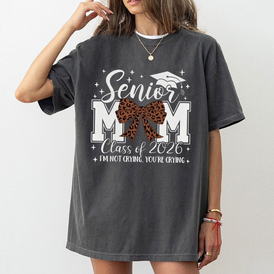 Senior Mom Class of 2026 T-Shirt | Leopard Coquette Bow Graphic | Premium Soft Cotton Tee | Proud Graduation Gift for Mom
