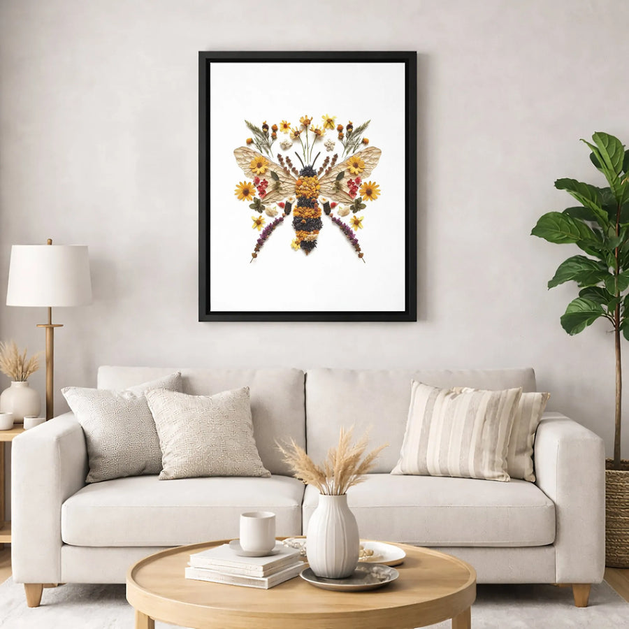 Pressed Flower Bee Wall Art | Botanical Insect Nature Print | Premium Gallery Wrapped Canvas | Gift for Garden and Cottagecore Lovers
