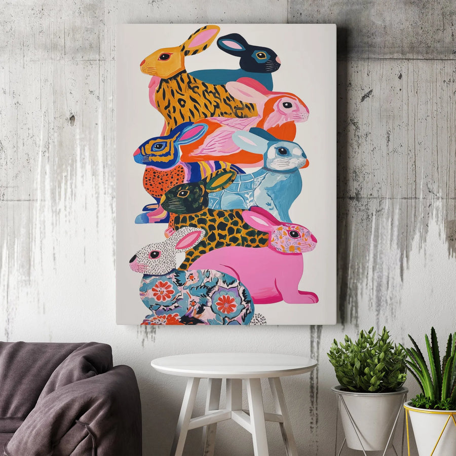 Colorful Stacked Rabbits Wall Art | Whimsical Patterned Animal Decor | Premium 1.25-Inch Gallery Canvas | Unique Nursery or Living Room Gift