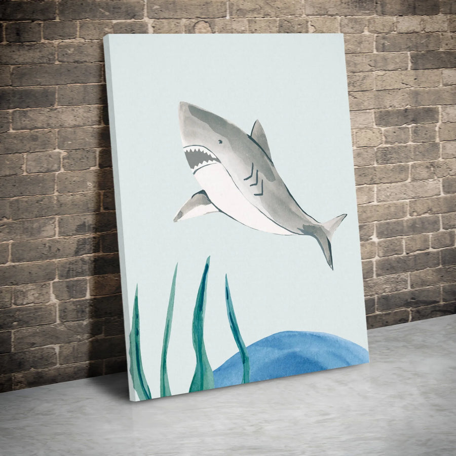 Watercolor Shark Vertical Canvas | Minimalist Ocean Nursery Art | Premium Gallery Wrapped Canvas | Kids Room & Bathroom Decor Gift