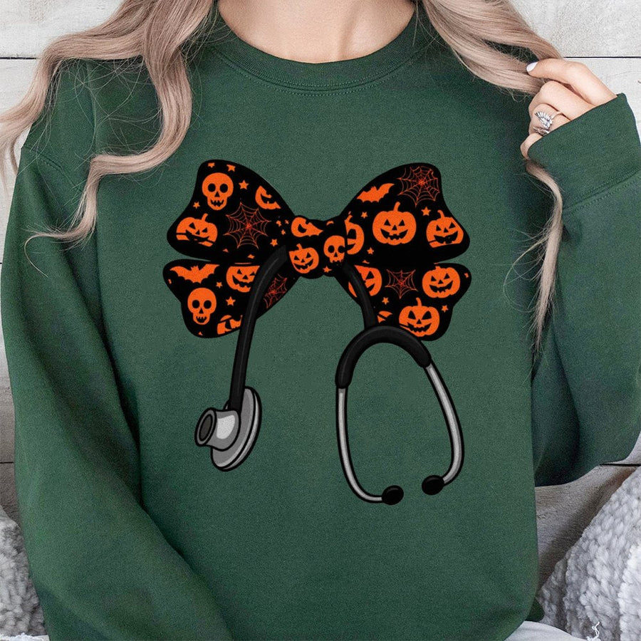 Halloween Nurse Sweatshirt | Spooky Stethoscope Coquette Bow Graphic | Premium Cotton Blend | Gift for Nurses and Nursing Students