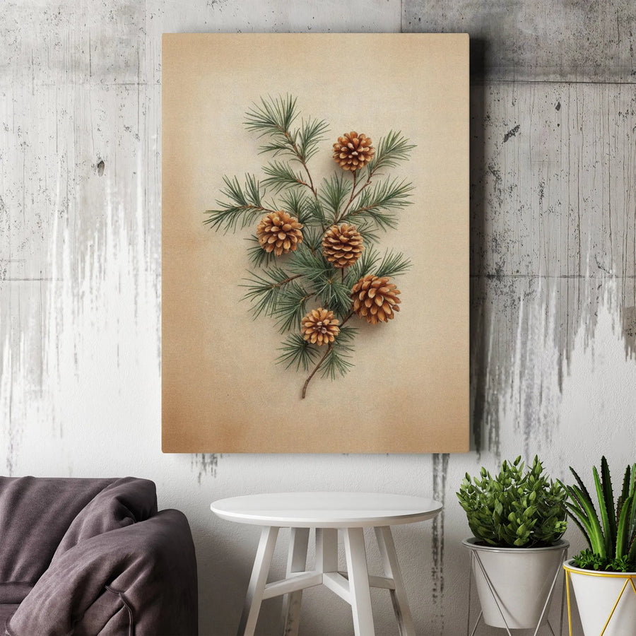 Pine Branch Botanical Wall Art | Vintage Pinecone Illustration | Premium 1.25-Inch Gallery Canvas | Rustic Farmhouse Home Decor Gift