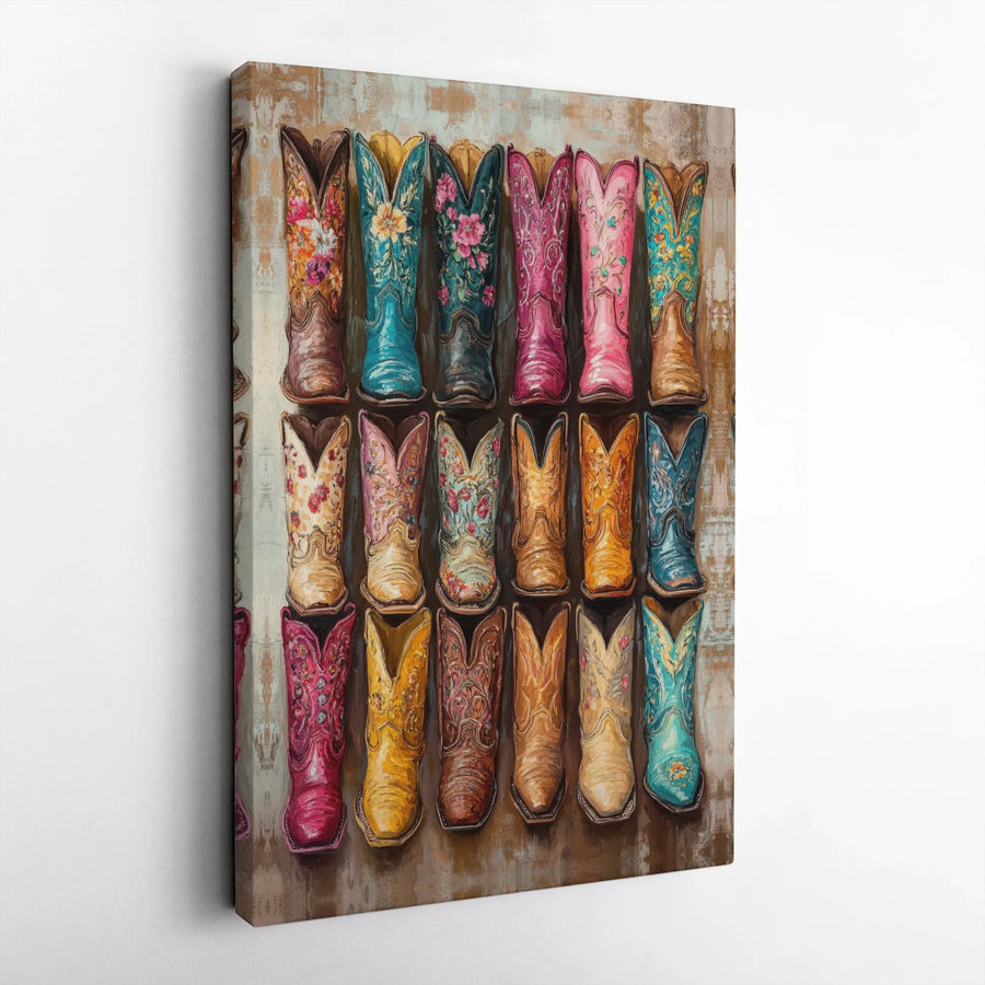 Cowboy Boots Canvas Wall Art | Colorful Floral Boot Collection | Premium Gallery Wrapped Print | Southwestern Home Decor Gift for Her